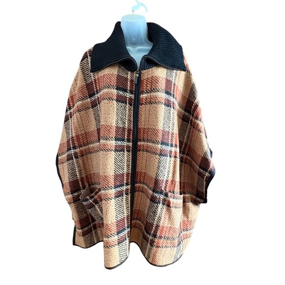 Tahari Sweater Cape Womens L XL Brown Plaid Dolman Sleeve Blanket Poncho Zip‎ Up - Picture 10 of 12